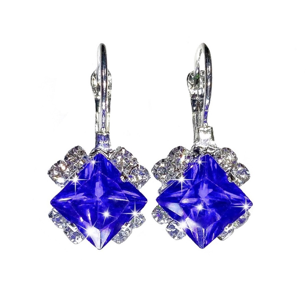 Silver Blue & Clear Crystal Lever Back Earrings - Picture 2 of 8